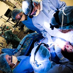 Dr. Justine Lee (far right) and colleagues performing gender-affirming facial feminization surgery at UCLA.